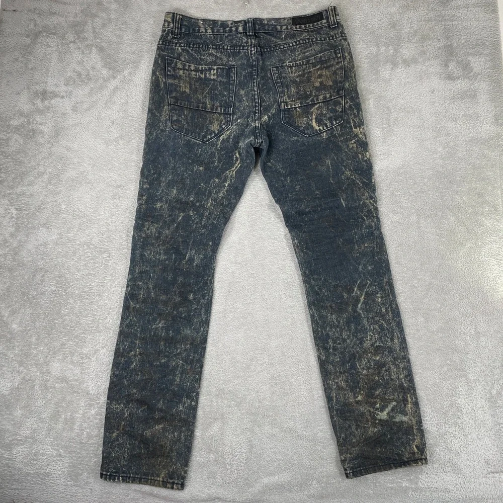 Stitches & Rivets Moto Biker Jeans Mens 32x32 Blue Acid Wash Distressed Slim Fit